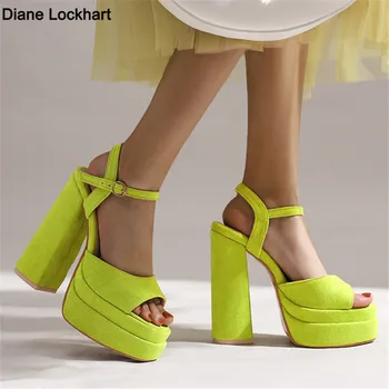 2022 Нови Летни Сандали на платформа, дамски обувки, сандали на дебел ток, Велурени модни дамски сандали на висок ток 14,5 см, Размер на 34-43
