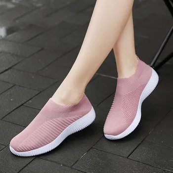 2023 Ластични чорапи-Спортни и ежедневни обувки с плоска подметка от лек материал Flyknit, дамски обувки 35-43
