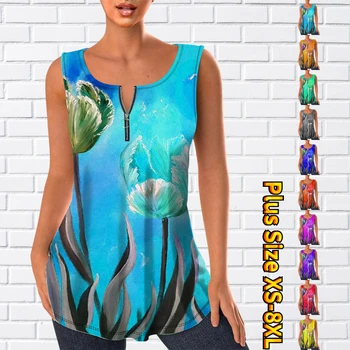 2023 Лятна Дамска Мода тениска с V-образно деколте, отворени рамене, Без ръкави, С принтом, Жена на майк, Свободна Жена Нова риза с цип