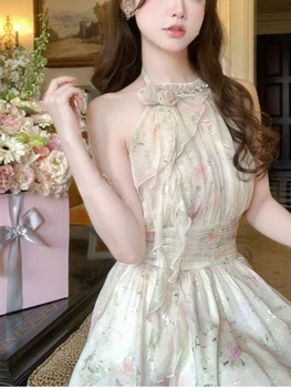 2023 Лятото Елегантно Късо Вечерна рокля без ръкави с цветен печат, женско Френско Дебнещ Мини рокля Фея, пълномаслено рокля на Корейската мода