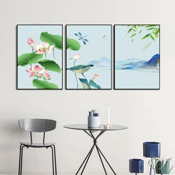 3 предмет в комплект Китайски прост Лотос, цветни Риба, цветя, съвременна живопис върху платно, постери на скандинавскую тема и щампи, стенни художествени картини без рамки