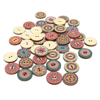 50шт кръгли дървени копчета с винтажным цветисти принтом, 2 дупка за шиене, scrapbooking, работи за бродерия botones decorativos