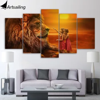 ArtSailing Картина върху платно от 5 части с изображение на Лъв, на златния залез слънце за детска декорация на Модулен плакат за рожден ден
