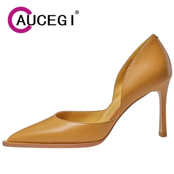 Aucegi/ Женски Класически Пикантен обувки-лодка-wild без обков С остри пръсти, Елегантни Сватбени модела обувки От естествена кожа На тънък висок ток