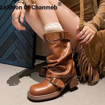 LeShion Of Chanmeb/ Дамски Обувки от естествена кожа, Улични Модерни Мотоциклетни ботуши на масивна токчета в стил пънк с катарамата на колана си, Дамски обувки, без съединителни до bol