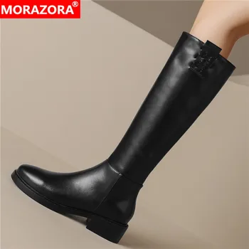 MORAZORA/ Нови дамски ботуши до коляното от естествена кожа с цип, черни, кафяви, ръчно изработени, висококачествени мотоциклетни ботуши, дамски обувки