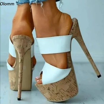 Olomm/ Дамски Сандали-чехли Ръчна изработка на платформата 5,5 см, Чубрица обувки на висок ток С Отворени пръсти, Приказни Бели Вечерни Обувки, Големи размери 5-20