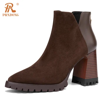 PRXDONG/ Висококачествени Дамски ботильоны от естествена кожа, Нова Класика, Есен-Зима, Рокля на платформа И висок масивна обувки, Дамски обувки 39