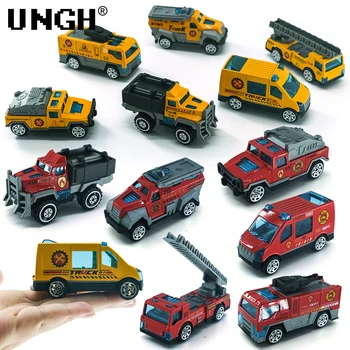 UNGH 6шт 1/64 Molded под натиска на домакински модел кола, пожарна кола, багер, играчки за деца, полицейска, военна машина, детски играчки, подаръци за деца