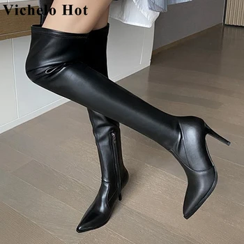 Vichelo/ Модни ботуши-комини от волска кожа, зимни с остри пръсти, големи размери 42, елегантни ботуши над коляното на тънките високи токчета, елегантни ботуши над коляното l85