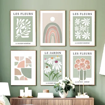 Абстрактни плакати в стил бохо с ботанически цветове на дъгата, градински чай, зелени щампи, Галерия стена на изкуството, платно, живопис, декорация на дома, в хола