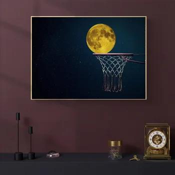 Баскетбол Спортен Момче Баскетболно Рамка Луната Е Тъмна Нощ На Плакат Печат Стенен Художествени Картини На Платно За Живопис Спалня Начало Декор Подарък