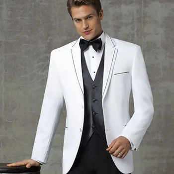 Бяло сако, черни панталони, жилетки, мъжки костюми-тройки, Блейзър, домашно облекло, с назъбени ревери, Однобортная булчински износване, Оборудвана костюм