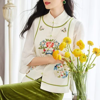 Висококачествен пролетно-лятна жилетка в китайски стил с ретро-бродерия, цветен и елегантен женски жилетка S-XXL