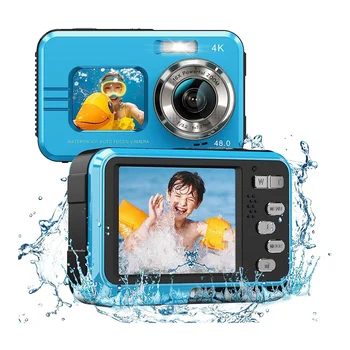 Водоустойчив 4K камера, подводна камера, селфи с два екрана, 48 MP, 16-кратно цифрово увеличение, цифров фотоапарат за деца с шнорхел