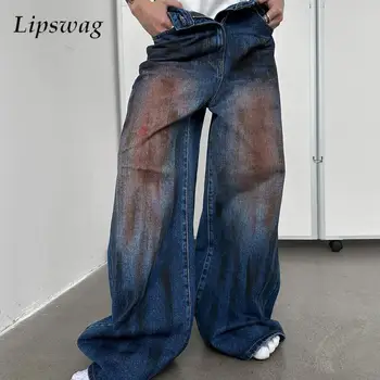 Градинска облекло, дънки оверсайз в стил хип-хоп, мъжки дънкови панталони винтажного дизайн, выстиранные, Пролет 2024, Нови мъжки свободни преки дънкови панталони