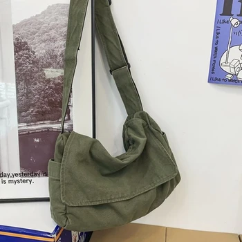 Дамска чанта-скитник от холщовой тъкан с мек наплечным колан Y2K за студентски отдих Среден размер, училищната награда, чанта за лаптоп, странични чанта-месинджър