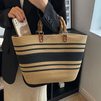 Дамски вязаная чанта през рамо, нова лятна чанта с бамбукова дръжка голям капацитет, ежедневни чанти за плаж, отдих, Еко-купувач за еднократна употреба