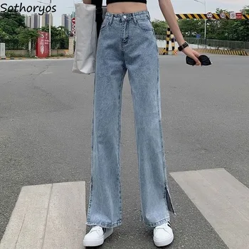 Дамски дънки със странична цепка, с висока талия, прав дизайн, градинска дрехи, ежедневни корейски стил Харадзюку, Обикновен син модерен универсално шик спускане