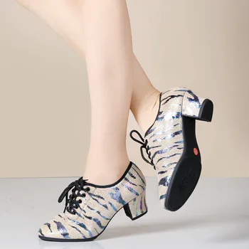 Дамски модерни обувки за учители, улични танцови обувки с мека гумена подметка, женски маратонки за танци на ток 3 см, обувки за тренировки на ток 5 cm