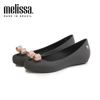 Дамски обувки Melissa 2023 Нови тънки обувки с лък и нисък покрив на плосък ток, желейные обувки, дамски сандали, празнична обувки