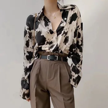 Дамски пролетно-есенна однотонная ежедневни свободна риза в леопардовом стил с дълъг ръкав, дамски ежедневни модерен офис риза с принтом, топ