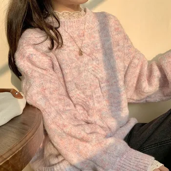 Дамски пуловер с кръгло деколте в ретро стил пролетния младежки стил, директен пуловер, женски мързелив пуловер свободно, намаляване, вязаный спици