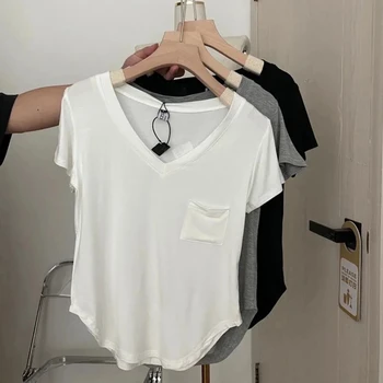 Дамски секси тениска, обикновен тънък съкратен топ, летни дрехи, Корейски дами, эстетичные джобове, асиметричен V-образно деколте, къс ръкав