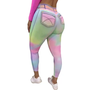 Дамски цветни дънкови панталони за йога с телесен цвят, спортни панталони за йога повдигащ, подходящи за момичета, жени, жена