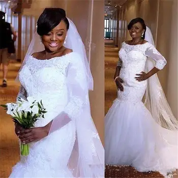 Дантелени сватбени рокли, Сватбени рокли русалка с полудлинными ръкави и аппликацией голям размер Африкански сватбена рокля