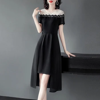 Дантелено мозайка черна рокля трапецовидна форма в стил мозайка, пролетно-лятното модно рокля в корейски стил с къс ръкав и кръгло деколте, елегантен рокля за жените 2023 година.