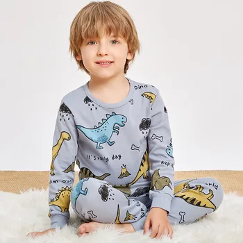 Детски пижами за момчета 2 3 4 5 6 7 8 9 10 11 12 13 14 Хлопчатобумажный комплект пижам с динозавром, Зелена детска Пижамная облекло