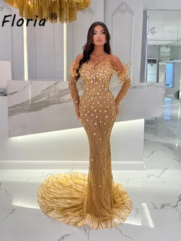 Дубайское дантелено вечерна рокля със златни мъниста, украшенное пера и хрусталем, Сватбената рокля на Русалка с ръкавици без презрамки, рокли за партита на известни личности