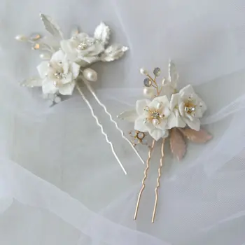 Елегантна сватба шнола за коса с ръчно изработени от керамични цветя, жени-куп, сватбени аксесоари с опалом, кристали и златни листа