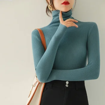 Есенни дамски пуловери, Корея, Япония Стилен дълъг ръкав в рубчик Основен обикновен Зимен Елегантен Женски вязаный пуловер