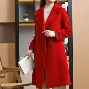 Жена вълна палто, топло зимно Кашмир яке 2024, Нови елегантни реколта Дълги вълнени палта, дамски висококачествени 9 цвята