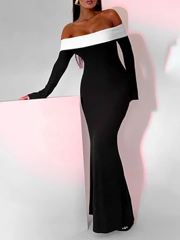 Жена дебнещ дълга рокля с открити рамене в контрастен цвят, с дълъг ръкав Дебнещ вечерна рокля