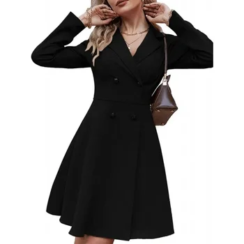 Жена однотонное двубортное рокля-сако с дълъг ръкав, новостите на есен/зима, модерни черни рокли за пътуване до работа, градинска облекло