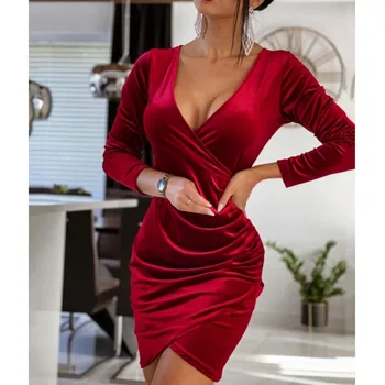 Жена приталенное вино-червено плиссированное обтягивающее рокля-молив 2023, есен нова жена однотонное секси вечерна рокля с V-образно деколте, плътно прилепнали рокли