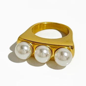 Женски пръстен Peri'Sbox от неръждаема стомана 316L с тройно големи изкуствени перли, задраскване позлатените масивно бижу украса за партита.