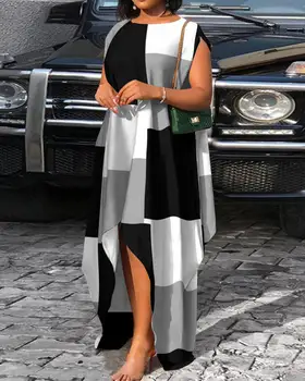 Женствена асиметрична рокля Макси с кръгло деколте, пряко ежедневното рокля без ръкави с дълбоко подолом с геометричен принтом, ежедневни домашни мода, ново 2023 година