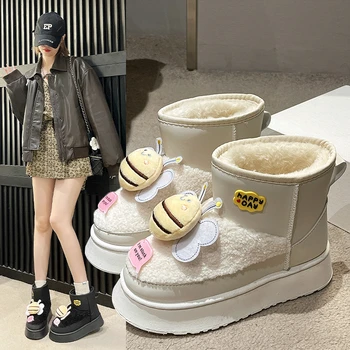 Зимни обувки за момичета от естествена кожа, памучен зимни детски обувки, ботуши принцеса, памучни обувки на платформа, дамски обувки