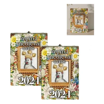 Календар Странни Medieval Cats 2024 Календар, който може да се закача за офис, домашно подарък, хартия с покритие
