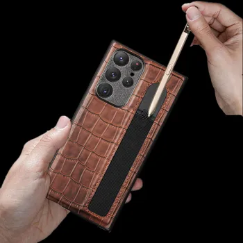 Калъф за мобилен телефон Samsung S21 S22 от естествена кожа, ультраэластичная чанта S Pen, слот за стилус, стойка за спена, брони с текстура на крокодил