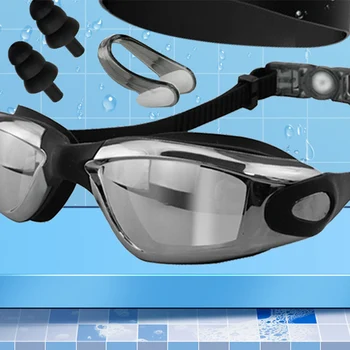 Комплект от плувни очила за възрастни HD със защита от замъгляване, Водоустойчив силикон скоба за носа, Тапи за уши, шапка за плуване, набор от плувни очила, бански костюм