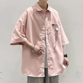 Корейската версия на годишна мъжки ризи с къс ръкав, блузи, окачване верига, мъжка риза Harajuku, градинска облекло за мъже