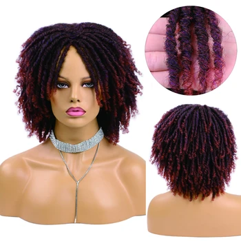 Кратък Къдрава Синтетичен Сплетен перука с дредами, Черно-кафява Перука от изкуствена коса в Африканския стил, свързан плетене на една кука, с обрат коса, Перуки за жени