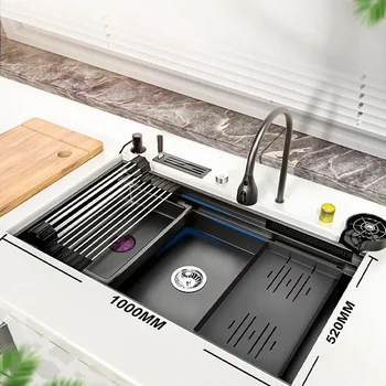 Кухненска мивка от неръждаема стомана 304 Голяма единична мивка Модерна многофункционална мивка с водопадным смесител Мивка под Броя