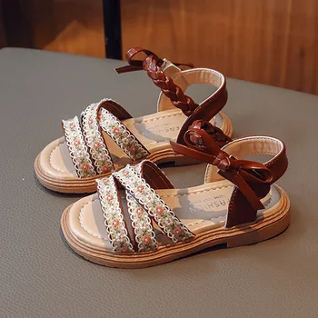 Летни сандали принцеси за момичета; Модни тканая плажни обувки; нескользящая обувки за партита в корейски стил подметка за момичета;