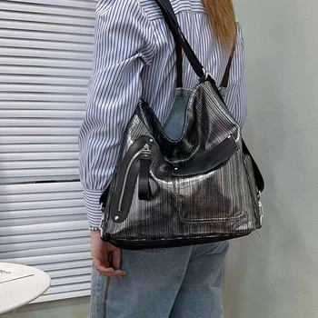 Луксозна дизайнерска сребърна чанта за жени, модерна чанта от мека кожа, лъскава многофункционална чанта, чанта през рамо с голям капацитет